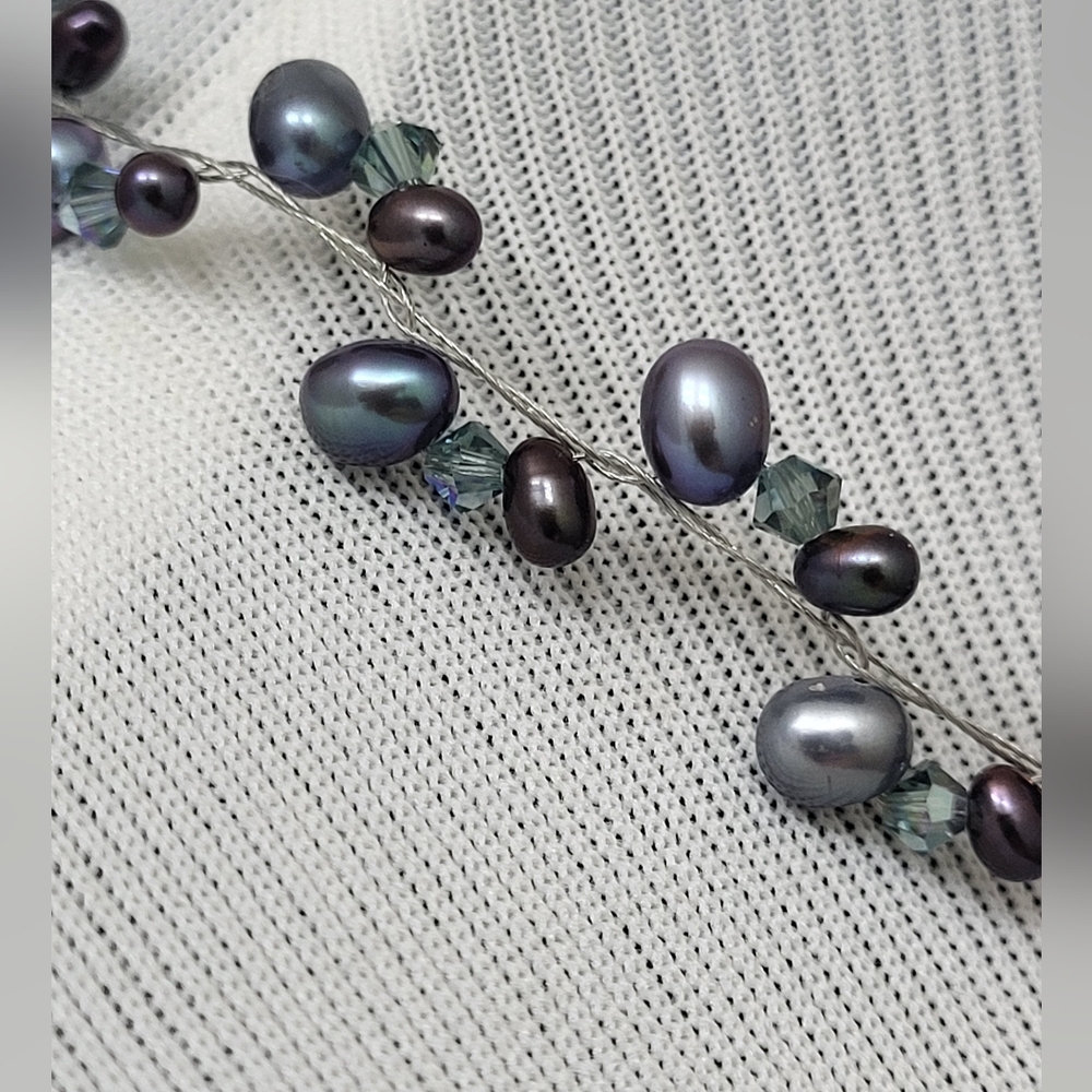 Blue Freshwater Pearl Wire Adjustable Necklace With Blue Iridescent Crystals - Picture 7 of 7